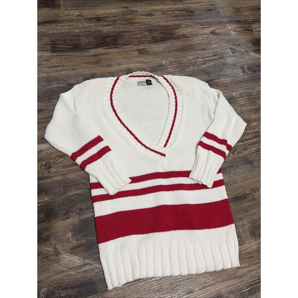 Vintage Cream White Red Blue Stripe V Neck Ribbed Sweater M preppy college